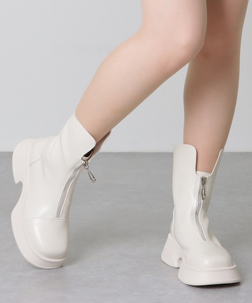 レースショートブーツ ※3時間しか履いてません セール】レザー調 フロント ジップ ショート ブーツ（ブーツ）｜Lace