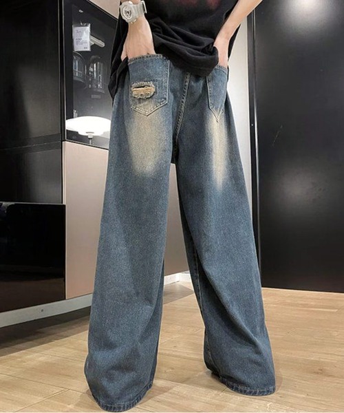 ダメージ デニム ワイドパンツ ウォッシュ ストリート S～XL セール】SEKHMET グランジ ダメージ ワイドデニムパンツ（デニム
