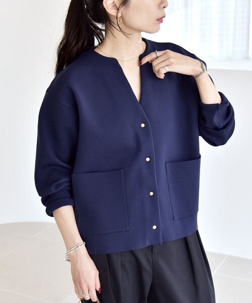 quaranciel:〈手洗い可能〉ノーカラー ポケット ニット ジャケット