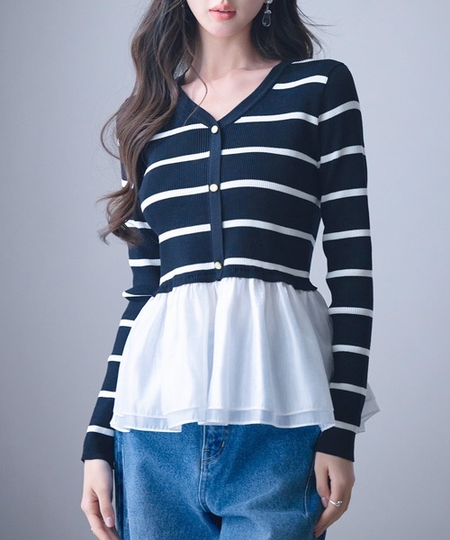 SAISON DE PAPILLON（セゾンドパピヨン）の「【大人気】レディース ぺプラム ドッキングニット プルオーバー きれいめ オフィスカジュアル 通勤 大人気（ニット/セーター・レディース・ベージュ/アイボリー/ブラック×ホワイト/ブラック・L/M）」の18枚目の写真