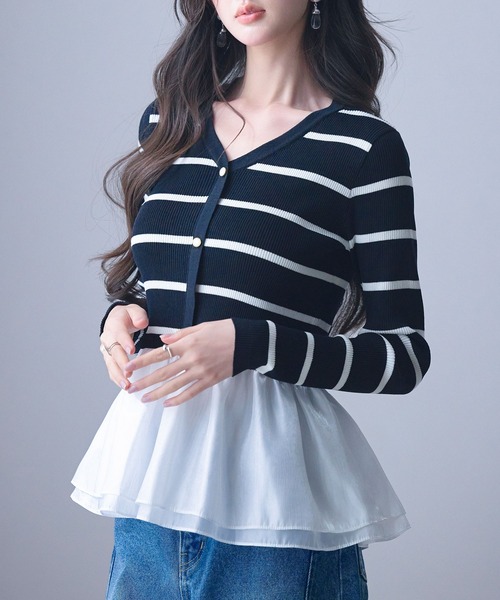 SAISON DE PAPILLON（セゾンドパピヨン）の「【大人気】レディース ぺプラム ドッキングニット プルオーバー きれいめ オフィスカジュアル 通勤 大人気（ニット/セーター・レディース・ベージュ/アイボリー/ブラック×ホワイト/ブラック・L/M）」の17枚目の写真