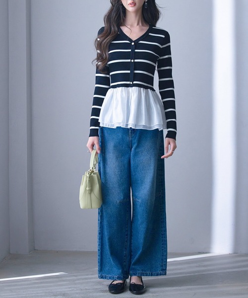 SAISON DE PAPILLON（セゾンドパピヨン）の「【大人気】レディース ぺプラム ドッキングニット プルオーバー きれいめ オフィスカジュアル 通勤 大人気（ニット/セーター・レディース・ベージュ/アイボリー/ブラック×ホワイト/ブラック・L/M）」の15枚目の写真