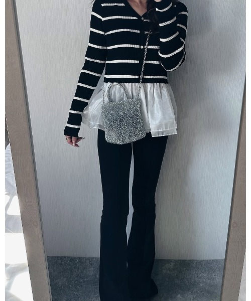 SAISON DE PAPILLON（セゾンドパピヨン）の「【大人気】レディース ぺプラム ドッキングニット プルオーバー きれいめ オフィスカジュアル 通勤 大人気（ニット/セーター・レディース・ベージュ/アイボリー/ブラック×ホワイト/ブラック・L/M）」の8枚目の写真