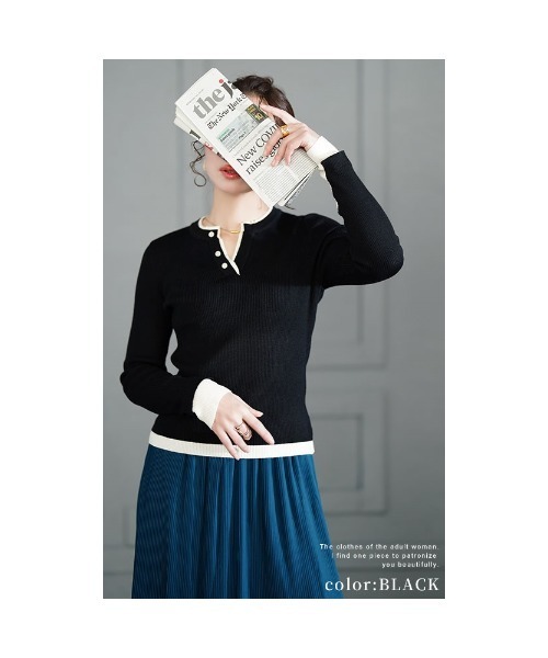 Sawa a la mode（サワアラモード）の「重ね着風リブニットトップス（ニット/セーター・レディース・ブラック/オフホワイト/ネイビー・FREE）」の17枚目の写真