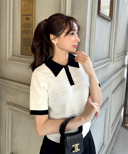 KOBE LETTUCE（コウベレタス）の「［ 岡部あゆみさんコラボ ］ リップルボーダーニットポロシャツ（ポロシャツ・レディース・ブルー系/その他/ブラック/ライトピンク/ホワイト×ブラック・M）」の2枚目の写真