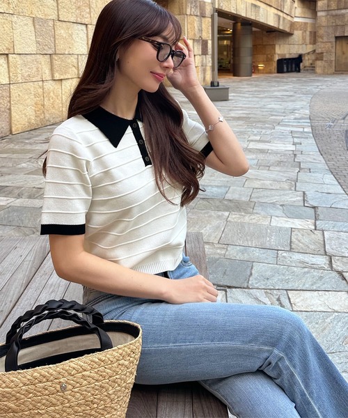 KOBE LETTUCE（コウベレタス）の「［ 岡部あゆみさんコラボ ］ リップルボーダーニットポロシャツ（ポロシャツ・レディース・ブルー系/その他/ブラック/ライトピンク/ホワイト×ブラック・M）」の11枚目の写真