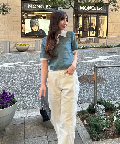 KOBE LETTUCE（コウベレタス）の「［ 岡部あゆみさんコラボ ］ リップルボーダーニットポロシャツ（ポロシャツ・レディース・ブルー系/その他/ブラック/ライトピンク/ホワイト×ブラック・M）」の15枚目の写真