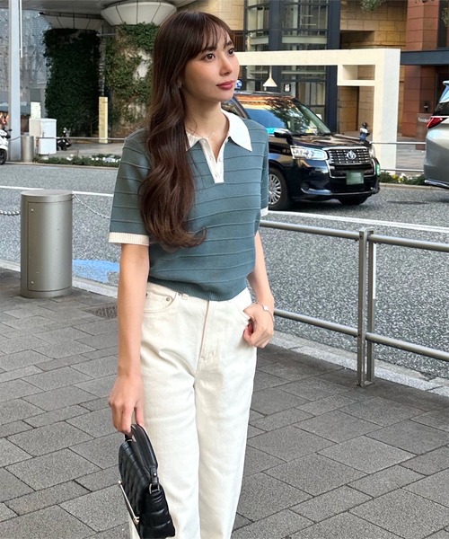 KOBE LETTUCE（コウベレタス）の「［ 岡部あゆみさんコラボ ］ リップルボーダーニットポロシャツ（ポロシャツ・レディース・ブルー系/その他/ブラック/ライトピンク/ホワイト×ブラック・M）」の16枚目の写真