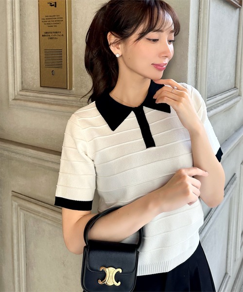 KOBE LETTUCE（コウベレタス）の「［ 岡部あゆみさんコラボ ］ リップルボーダーニットポロシャツ（ポロシャツ・レディース・ブルー系/その他/ブラック/ライトピンク/ホワイト×ブラック・M）」の22枚目の写真