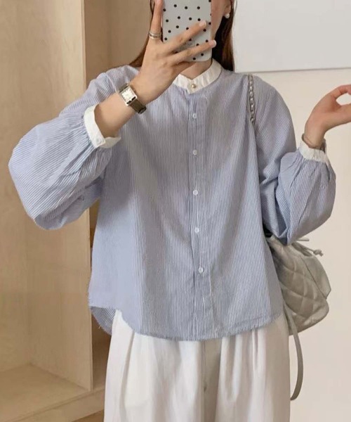 aimoha（アイモハ）の「バンドカラーボリュームスリーブシャツ（シャツ/ブラウス・レディース・ライトベージュ/ライトブルー/ホワイト系その他/ブルー/ピンク/ライトグリーン/ベージュ/ホワイト・FREE）」の12枚目の写真