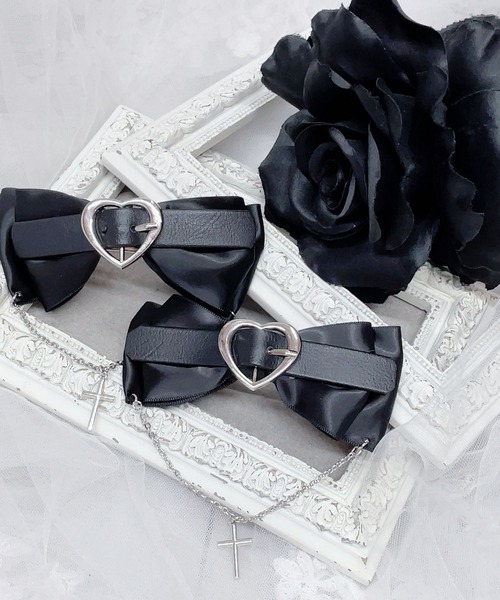 POTETE　ハートリボン クリップ 黒&グレー 2個セット　ヘアアクセサリー POTETE ハートリボン クリップ 黒&グレー 2個セット ヘア