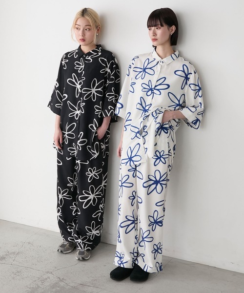 花モチーフ、ホワイトルームウェアパジャマの上のみ 花モチーフ、ホワイトルームウェアパジャマの上のみ