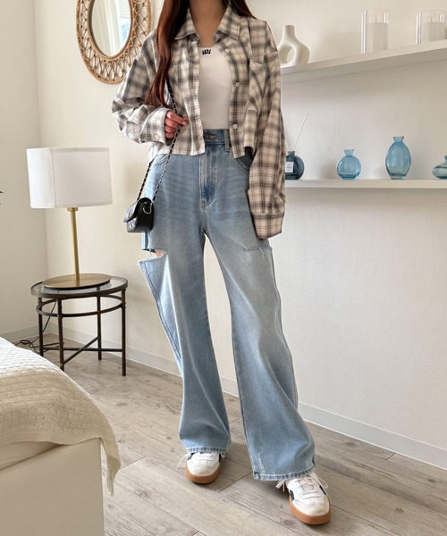 WEGO（ウィゴー）の「WEGO/【25年春夏新作】チェックショートシャツ（シャツ/ブラウス・レディース・ブラック/アイボリー・FREE）」の3枚目の写真