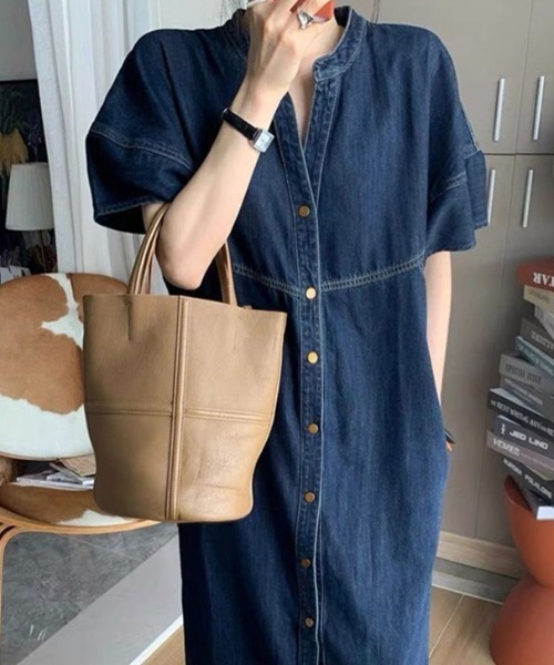 セール】Vネックシングルブレスト半袖デニムワンピース