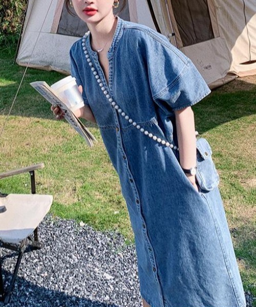 セール】Vネックシングルブレスト半袖デニムワンピース（ワンピース
