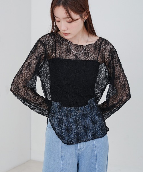 Bab（バブ）の「アシメヘムデザインスリットレーストップス（Tシャツ/カットソー・レディース・ブラック/オフホワイト・FREE）」の2枚目の写真