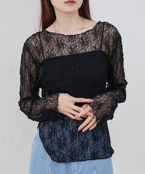 Bab（バブ）の「アシメヘムデザインスリットレーストップス（Tシャツ/カットソー・レディース・ブラック/オフホワイト・FREE）」の15枚目の写真
