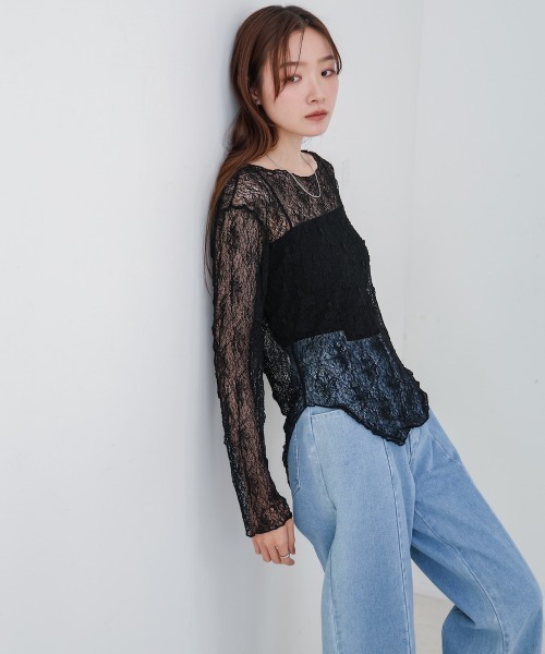 Bab（バブ）の「アシメヘムデザインスリットレーストップス（Tシャツ/カットソー・レディース・ブラック/オフホワイト・FREE）」の19枚目の写真