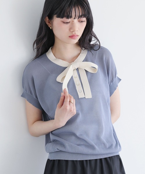 somari imagination(ソマリ イマジネーション)の「ボウタイ配色サマーニットトップス(ニット/セーター・レディース・ブラック/ブルー・2/1)」の1枚目の写真