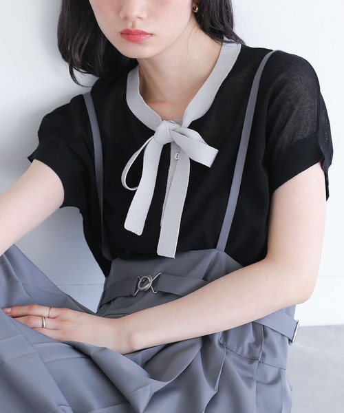 somari imagination(ソマリ イマジネーション)の「ボウタイ配色サマーニットトップス(ニット/セーター・レディース・ブラック/ブルー・2/1)」の14枚目の写真