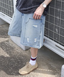 【72】ダブルニー ダメージ加工 ワイドデニム ショートパンツ