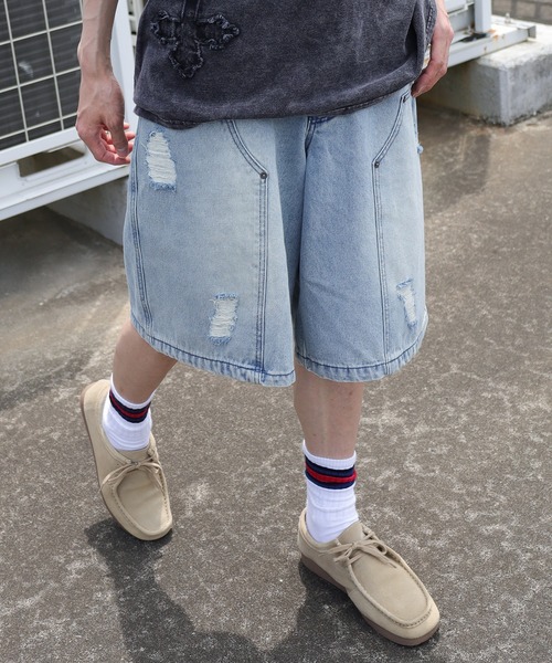 SlashDate(スラッシュデイト)の「【72】ダブルニー ダメージ加工 ワイドデニム ショートパンツ(デニムパンツ・メンズ・ブラック/ブルー/ブラウン・M/L)」の18枚目の写真
