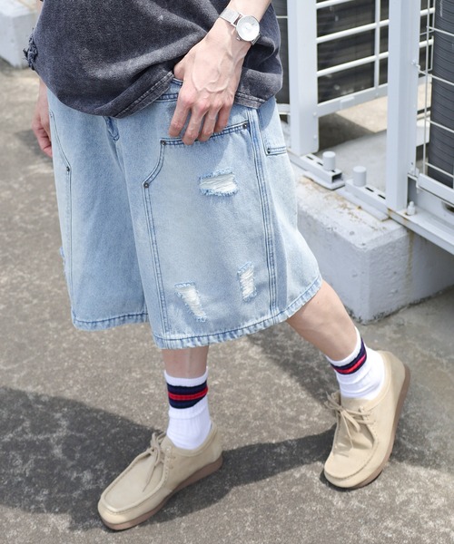 SlashDate(スラッシュデイト)の「【72】ダブルニー ダメージ加工 ワイドデニム ショートパンツ(デニムパンツ・メンズ・ブラック/ブルー/ブラウン・M/L)」の21枚目の写真