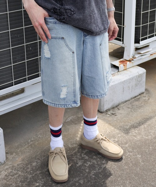 SlashDate(スラッシュデイト)の「【72】ダブルニー ダメージ加工 ワイドデニム ショートパンツ(デニムパンツ・メンズ・ブラック/ブルー/ブラウン・M/L)」の20枚目の写真