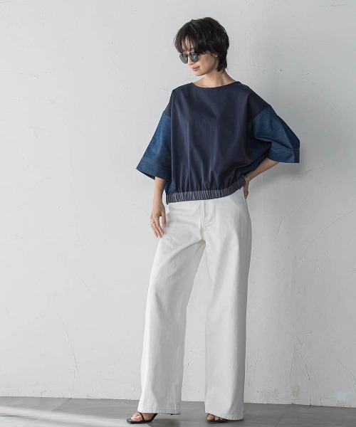MAYSON GREY / メイソングレイ デニムドッキングドロストドルマンプルオーバー≪洗濯機で洗える≫ デニムドッキングドロストドルマンプルオーバー≪洗濯機で洗える