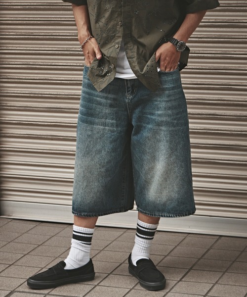 Y/PROJECT デニムハーフパンツ Y/PROJECT デニムショートパンツ フロック加工 | NET-A-PORTER