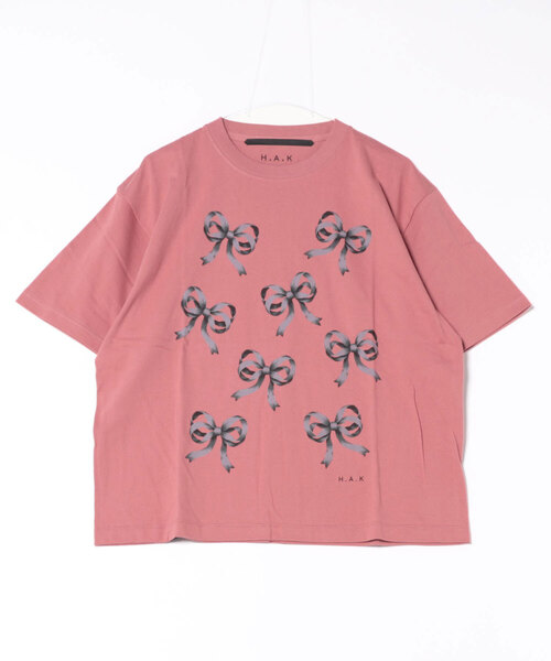 H.A.K(ハク)の「5.6オンスコットン天竺リボンモチーフプリントTシャツ(Tシャツ/カットソー・レディース・ホワイト/ピンク/チャコール・FREE)」の5枚目の写真