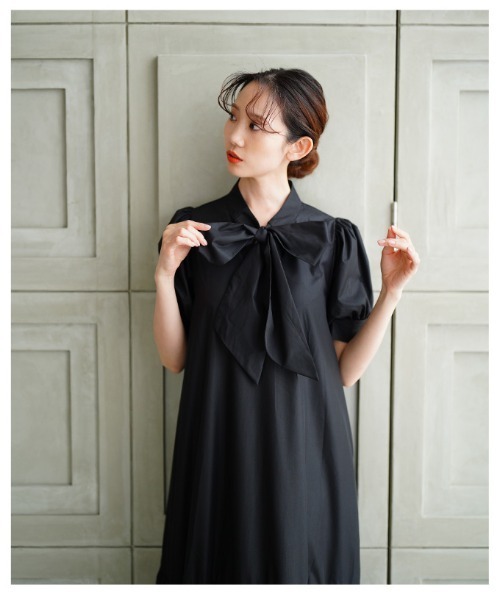 yori パフスリーブ リボンワンピース ワンピース サロペット 半袖 リボン セール】パフスリーブリボンティアードワンピース(ワンピース