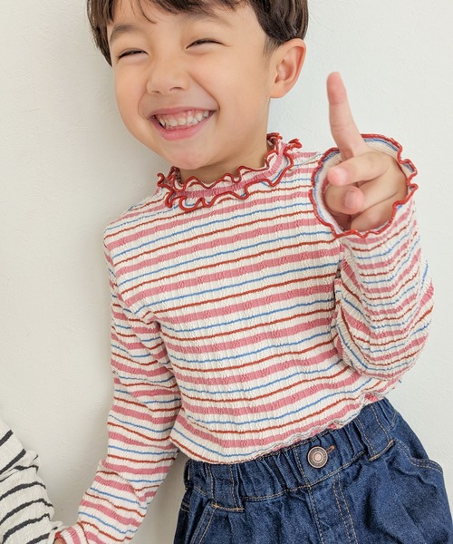 BREEZE（ブリーズ）の「【ジュニア対応】ジャガードテレコボーダーTシャツ（Tシャツ/カットソー・キッズ・ピンク/オフホワイト・80/90/100/110/120/130/140）」の2枚目の写真