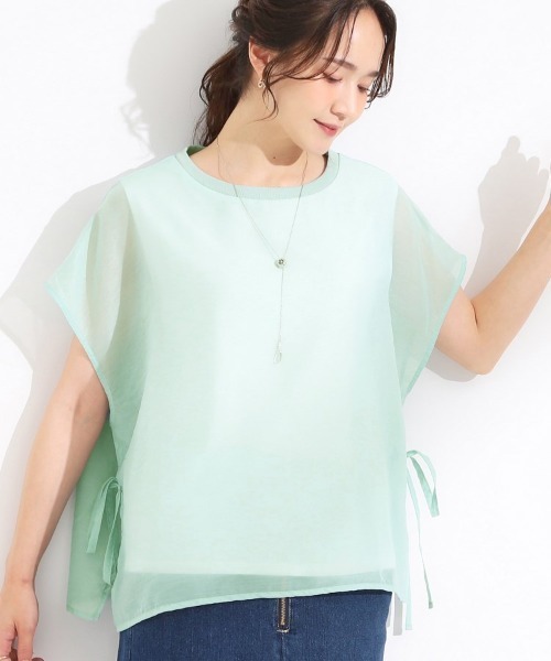 SHOO・LA・RUE（シューラルー）の「【洗える/S-LL】上品なシアー感 レイヤード風トップス（シャツ/ブラウス・レディース・ブラック/ナチュラル/グリーン系・04/03/02/01）」の3枚目の写真