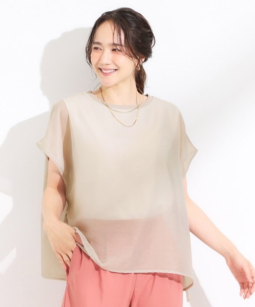SHOO・LA・RUE（シューラルー）の「【洗える/S-LL】上品なシアー感 レイヤード風トップス（シャツ/ブラウス・レディース・ブラック/ナチュラル/グリーン系・04/03/02/01）」の12枚目の写真