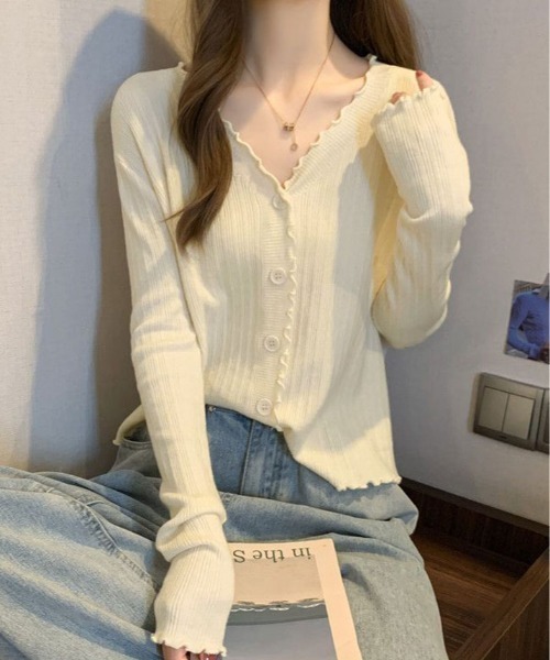 kirakiraShop(キラキラショップ)の「メロウ フリル リブニット カーディガン(カーディガン/ボレロ・レディース・ホワイト/ブルー/ブラック/アイボリー・FREE)」の3枚目の写真