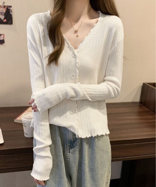 kirakiraShop(キラキラショップ)の「メロウ フリル リブニット カーディガン(カーディガン/ボレロ・レディース・ホワイト/ブルー/ブラック/アイボリー・FREE)」の2枚目の写真