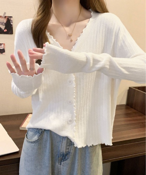 kirakiraShop(キラキラショップ)の「メロウ フリル リブニット カーディガン(カーディガン/ボレロ・レディース・ホワイト/ブルー/ブラック/アイボリー・FREE)」の8枚目の写真