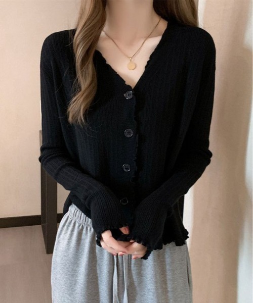 kirakiraShop(キラキラショップ)の「メロウ フリル リブニット カーディガン(カーディガン/ボレロ・レディース・ホワイト/ブルー/ブラック/アイボリー・FREE)」の9枚目の写真