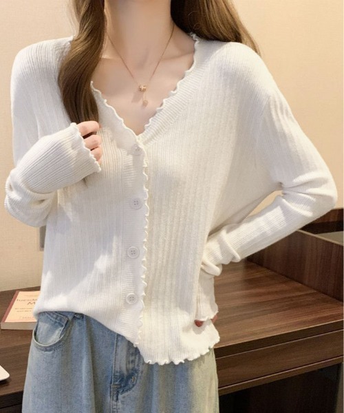 kirakiraShop(キラキラショップ)の「メロウ フリル リブニット カーディガン(カーディガン/ボレロ・レディース・ホワイト/ブルー/ブラック/アイボリー・FREE)」の5枚目の写真