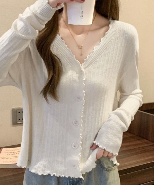 kirakiraShop(キラキラショップ)の「メロウ フリル リブニット カーディガン(カーディガン/ボレロ・レディース・ホワイト/ブルー/ブラック/アイボリー・FREE)」の6枚目の写真
