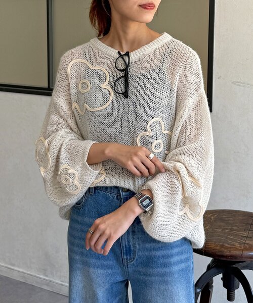 CPCM（シーピーシーエム）の「コード刺繍透かし編みニット（ニット/セーター・レディース・レッド/ブラック/アイボリー・FREE）」の5枚目の写真