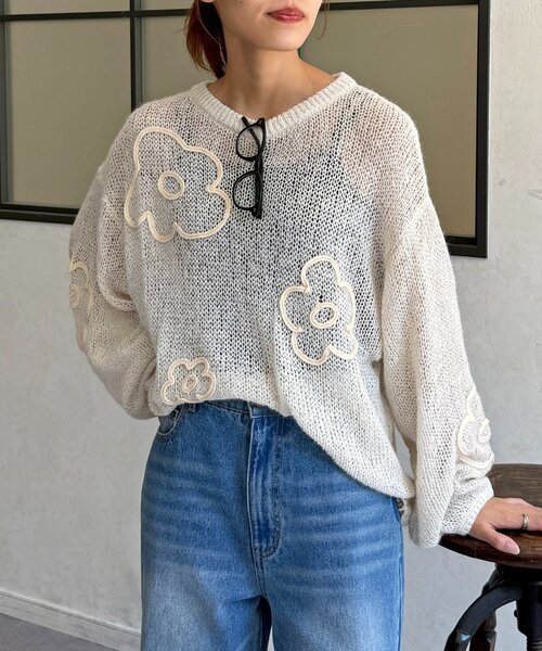 CPCM（シーピーシーエム）の「コード刺繍透かし編みニット（ニット/セーター・レディース・レッド/ブラック/アイボリー・FREE）」の11枚目の写真