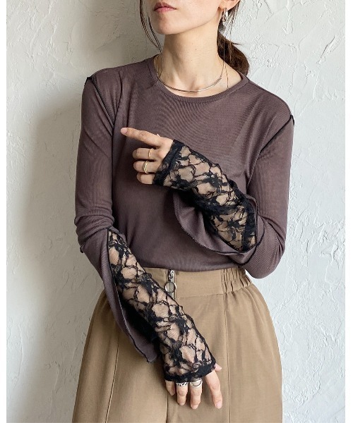 セール】クルーネック切り替えドッキング長袖レースシアーリブトップス