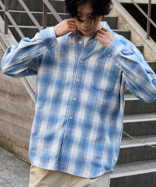 セール】オーバーサイズ レギュラーカラーオンブレチェックシャツ