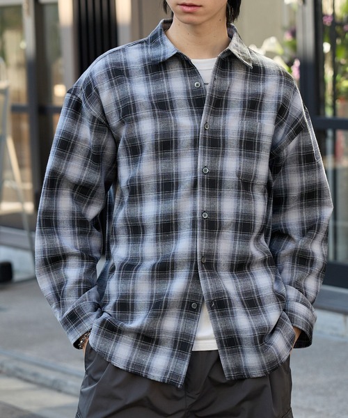 セール】オーバーサイズ レギュラーカラーオンブレチェックシャツ