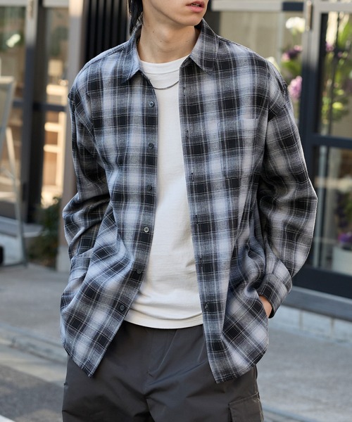 セール】オーバーサイズ レギュラーカラーオンブレチェックシャツ