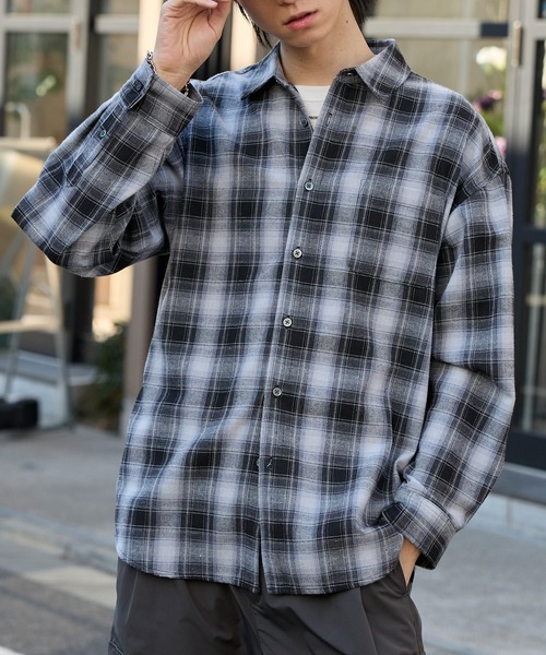 セール】オーバーサイズ レギュラーカラーオンブレチェックシャツ