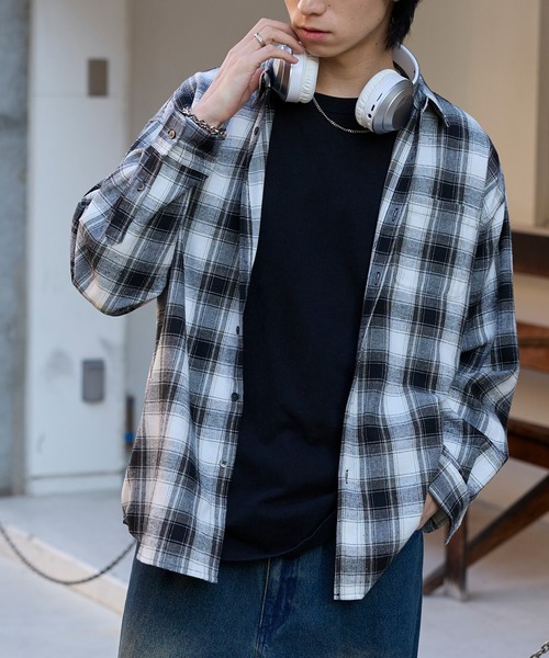 セール】オーバーサイズ レギュラーカラーオンブレチェックシャツ