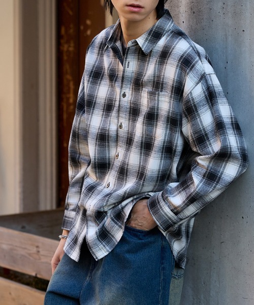 セール】オーバーサイズ レギュラーカラーオンブレチェックシャツ